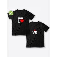 Смешные и оригинальные парные футболки для двоих влюблённых с принтом This lo & is ve