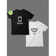 Смешные и оригинальные парные футболки для двоих влюблённых с принтом Текила & лайм