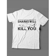 Мужская футболка с прикольным принтом "Sharks will kill you"