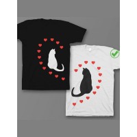 Парная футболка для двоих с принтом "Кошечки & сердечки"