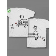 Парные футболки для молодоженов и для двоих влюбленных, для мужа и жены Парочка на скамейке