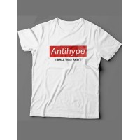 Прикольная, смешная мужская футболка с надписью "Antihype I ball was rawt"