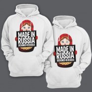 Парные толстовки с капюшоном для влюбленных с изображением матрешки "Made in Russia (Сделано в России)"